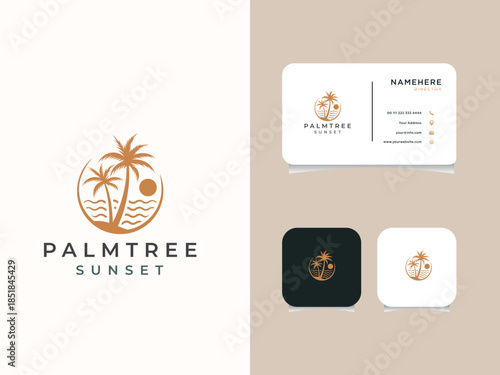 Palm tree and sunset, beach logo design vector template