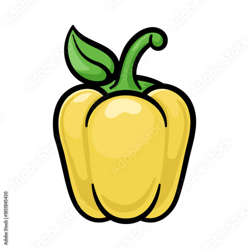 Yellow bell pepper with green stem and leaf without background.