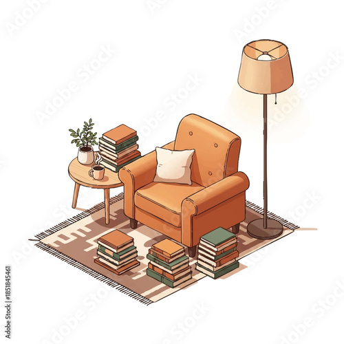 Cartoon illustration of a cozy reading nook with an armchair, floor lamp, and stacks of books on a patterned rug in a warm and inviting setting.