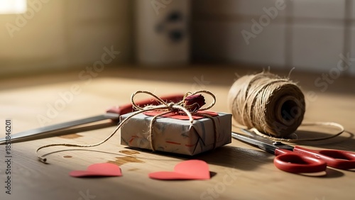 Crafting gift wrap with twine and scissors