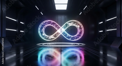 Symbol of Infinity: A glowing infinity symbol, radiating with vibrant colors, floats in a futuristic, technology-inspired environment, representing endless possibilities and innovation.