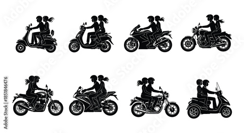 Collection of classic motorcycle and scooter silhouettes with riders depicted
