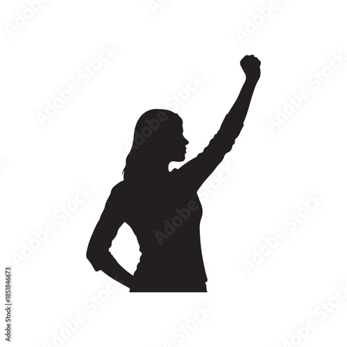 Woman with fist raised silhouette vector flat illustration on white background