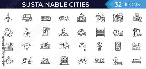 Sustainable cities line icons set. Green urban development symbols, eco energy transport environment smart city concept. Editable stroke. Vector illustration