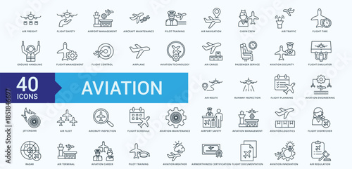 Aviation Icon Pack illustration Vector with air transport, flight safety, airport management, aircraft maintenance, pilot training