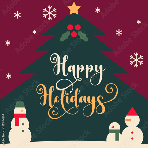 Happy Holidays Christmas Tree Winter Festive Illustration