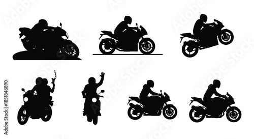 Silhouettes of motorcycle riders and bikes in various dynamic poses