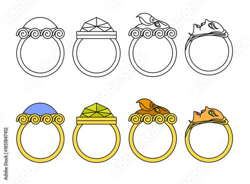 Magic rings set. Collection of fantasy and mystical power rings, outline and colored versions isolated on white. Vector illustration.