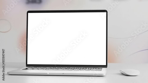 Modern Minimalist Workspace with Open Laptop and Wireless Mouse for Tech and Business Concepts