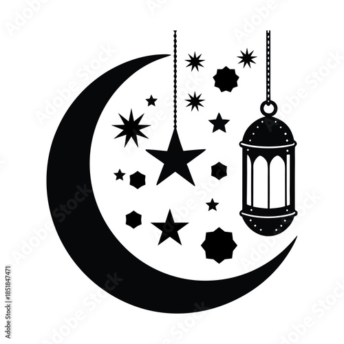 Crescent moon with stars and hanging lantern night