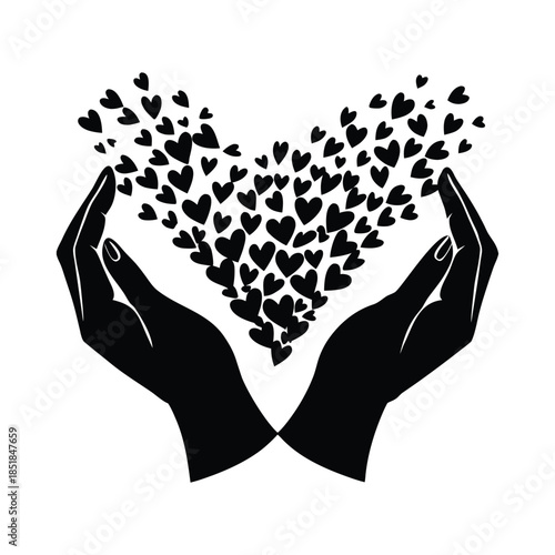 Silhouette of hands holding heart made of small hearts love care