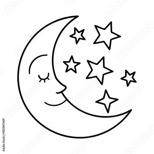 Stylized crescent moon with a face and stars night