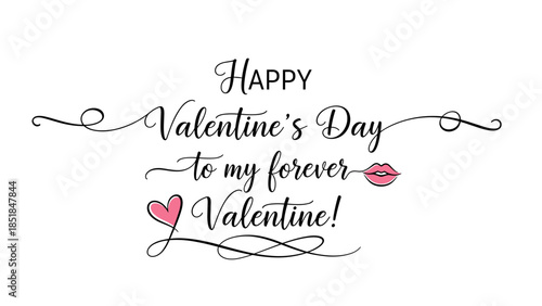 Festive Valentine’s Day greeting showcasing decorative lettering, complemented by heart and kiss symbols for affection.