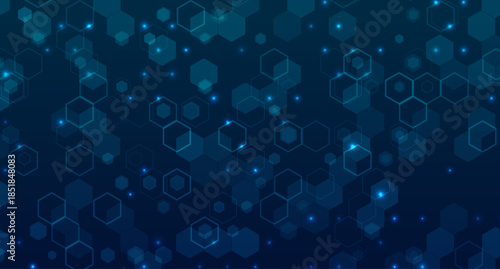 Futuristic blue geometric hexagon background with digital tech elements. Abstract science and medical technology design with modern honeycomb pattern