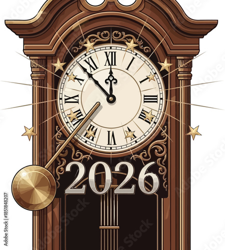Elegant grandfather clock striking midnight on New Year's Eve 2026