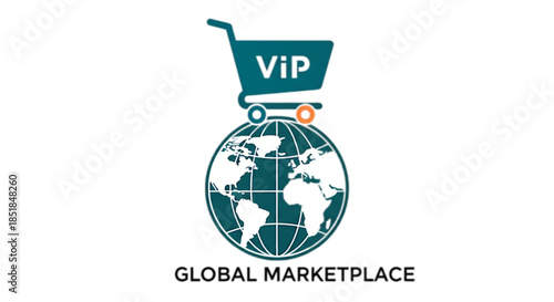 Global marketplace shopping cart icon representing international commerce and VIP customer service