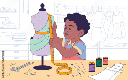 Young designer measures fabric on mannequin in a creative workspace with various sewing tools and threads