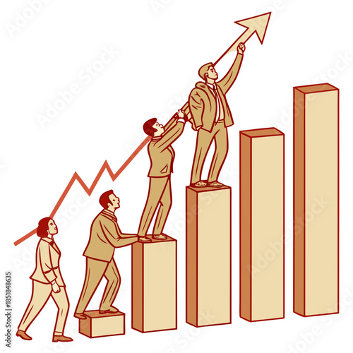 Team helping each other climb up blocks to reach growing graph arrow