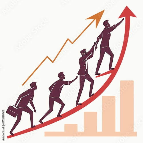 Business teamwork with four men climbing red arrow graph