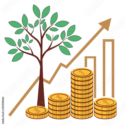 Tree growing near stacks of coins with increasing graph