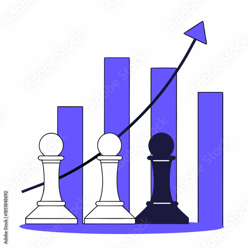 Blue graph with chess pieces and rising arrow pawns