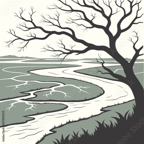 River delta landscape with bare tree and branching channels