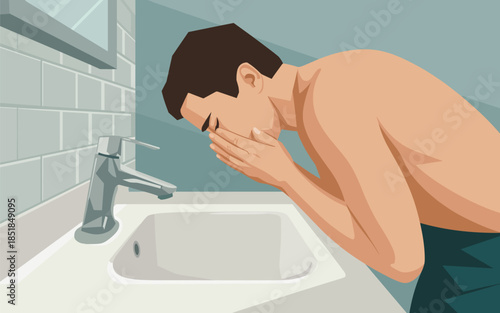 A man washing his face in a bathroom sink with a calm and serene atmosphere