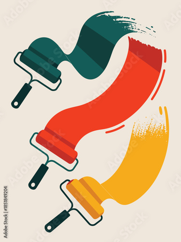 Vibrant paint swirls created with rollers in a colorful artistic expression