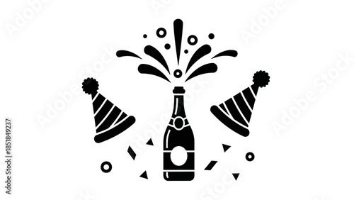 Champagne bottle popping with party hats and confetti, celebrating a festive occasion.