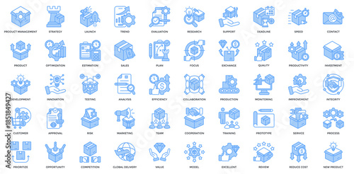 Product Management icon collection set. Containing strategy, launch, trend, evaluation, research, product, optimization, estimation, sales, production icon. Simple lineal blue vector