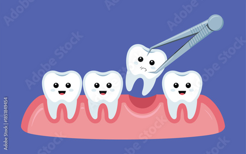 Dental extraction procedure illustration showing a tooth being removed with forceps from a set of teeth on a pink gum