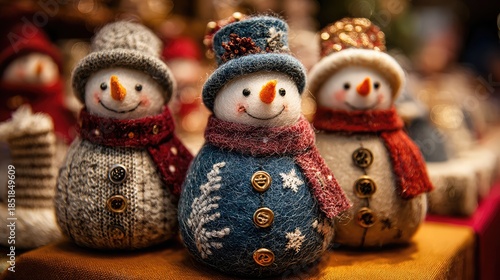 Adorable snowmen in colorful winter clothing on display
