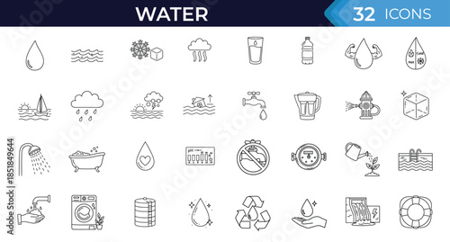 Water line editable icons set. Clean drinking water symbols, drop rain glass shower hydration liquid. Editable stroke. Vector illustration