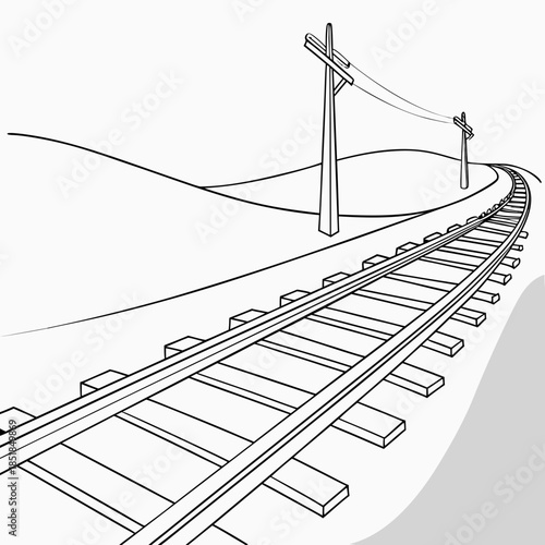 Curving railway track with overhead wires