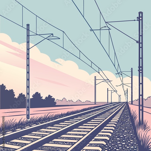 Rural railway tracks at sunset