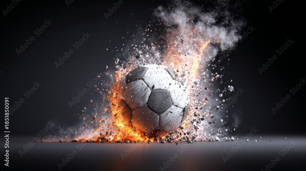 Fototapeta premium Dynamic 3d illustration soccer ball explosion effect with energy particles and motion impact, dramatic sport concept symbolizing power, competition, action, speed and modern digital design