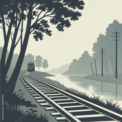 Train tracks along a serene river