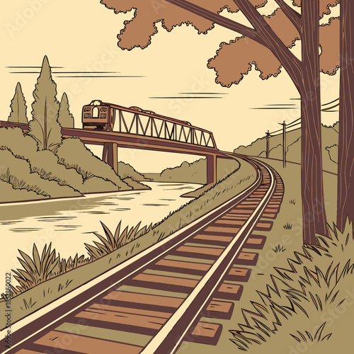 Train crossing bridge over calm river