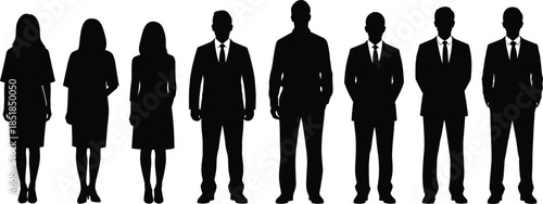 Business people silhouette collection, standing professionals lineup, corporate teamwork concept, men women office attire, black vector illustration