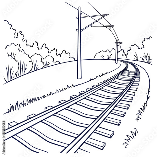 Curving railway track with overhead wires