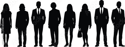 Business people silhouette lineup, professional men and women standing together, corporate workforce concept, formal attire poses, black vector illustration