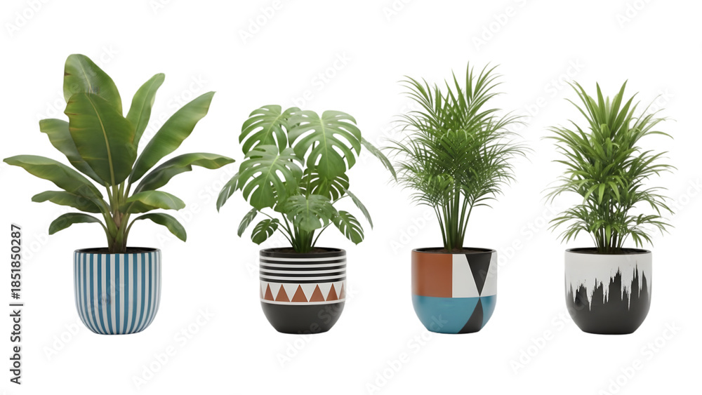 Fototapeta premium Four potted indoor plants with decorative containers on a black background