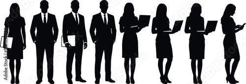 Business professionals silhouettes standing with laptops and documents isolated on white background representing corporate teamwork technology productivity modern workplace