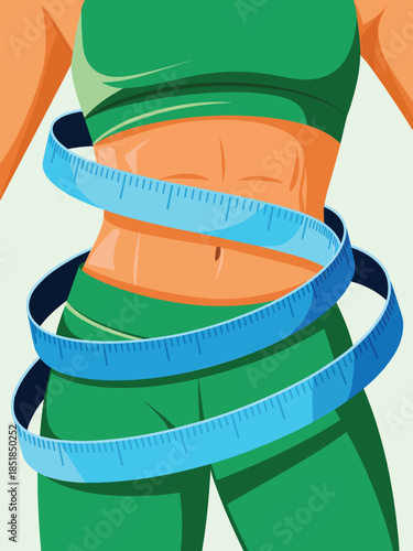 A woman's torso wrapped with a measuring tape around her waist, showcasing a fitness scene from a front viewpoint.