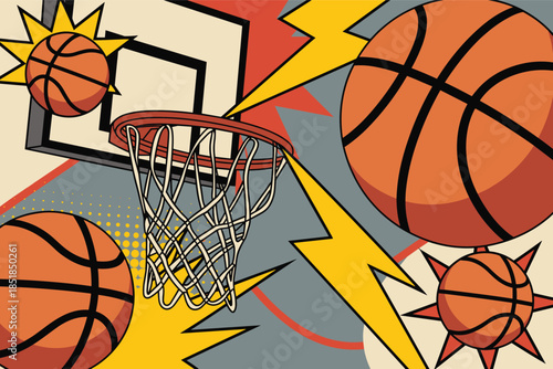 Basketballs flying towards the hoop in a dynamic illustration of sports action
