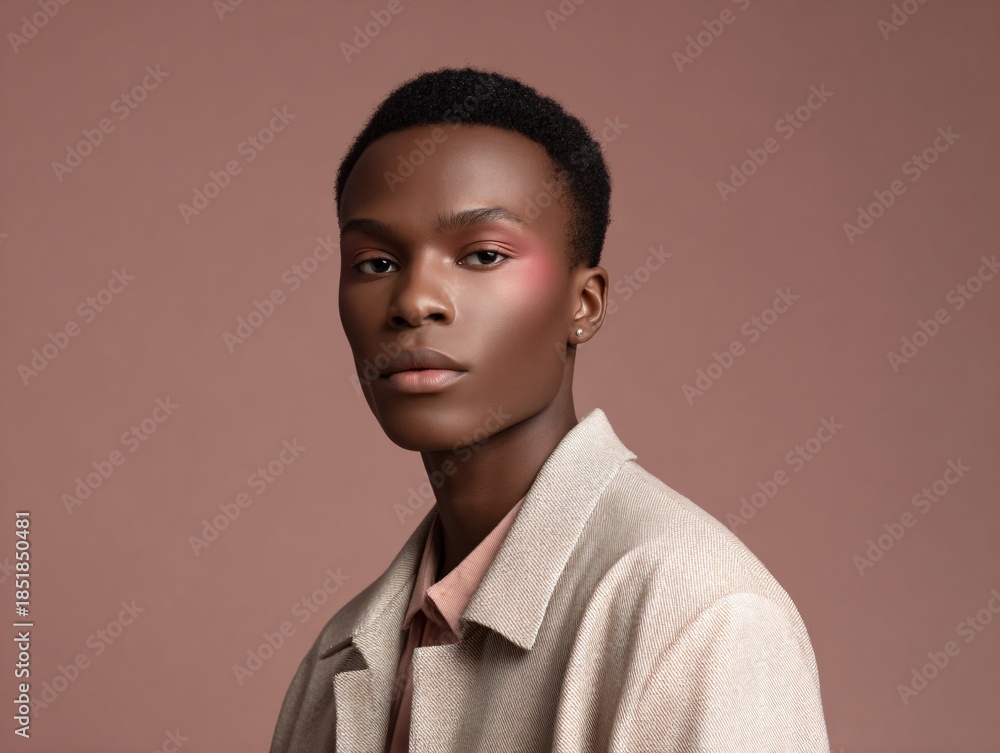 Fototapeta premium Portrait of a confident young individual studio setting fashion photography neutral background close-up view self-expression