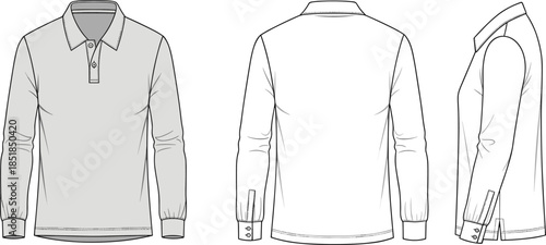Classic long sleeve polo shirt fashion flat sketch, front back side views, technical apparel design illustration