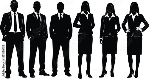Confident business professionals silhouettes standing in formal suits isolated on white background representing corporate teamwork leadership diversity success