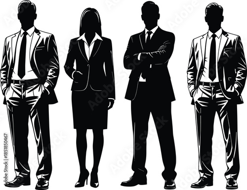 Confident business professionals silhouettes standing in formal suits isolated on white background representing corporate leadership teamwork success concept