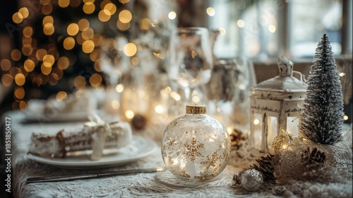 Cozy Christmas table setting with ornaments and warm lights